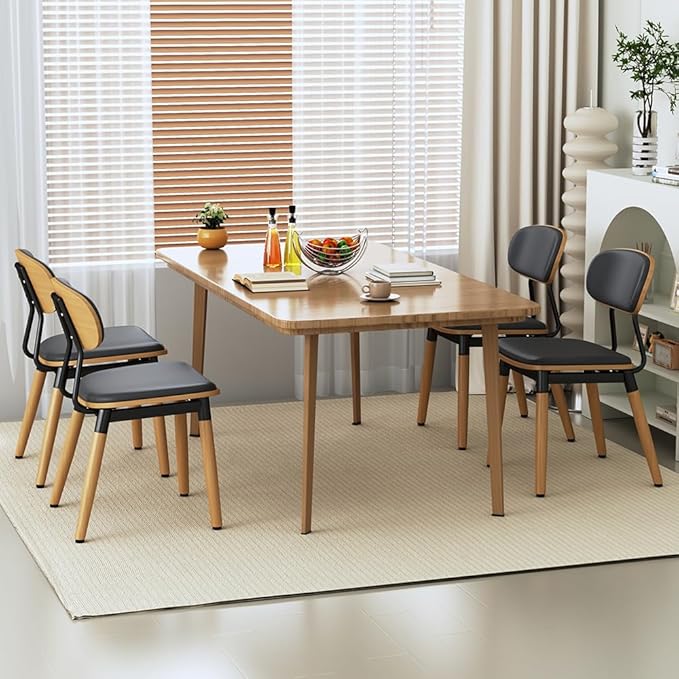 Dining Chairs Set of 4, Modern Faux Leather Upholstered Kitchen Chairs with Walnut Bentwood Back and Enlarged Seat Cushion, Metal Legs for Kitchen Dining Living Room, Restaurant