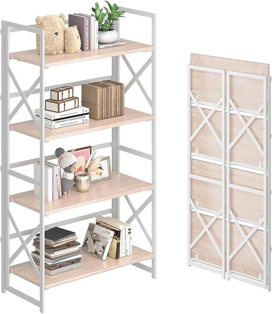 4NM 4 Tiers No Assembly Book Shelves, 41.3" H Folding Bookshelf Bookcase Open Industrial Foldable Shelves for Bedroom, Living Room, Home Office - Natural White