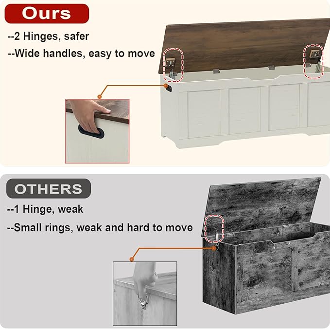 47.2" Storage Chest, Extra Large Storage Trunk with 2 Safety Hinges, Wooden Storage Bench, Shoe Bench, Entryway Bench for Living Room, Bedroom, Brown and Rustic White