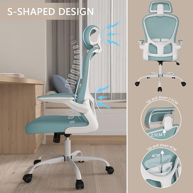 Office Chair, High Back Ergonomic Desk Chair, Breathable Mesh Desk Chair with Adjustable Lumbar Support and Headrest, Swivel Task Chair with flip-up Armrests, Executive Chair for Home Office