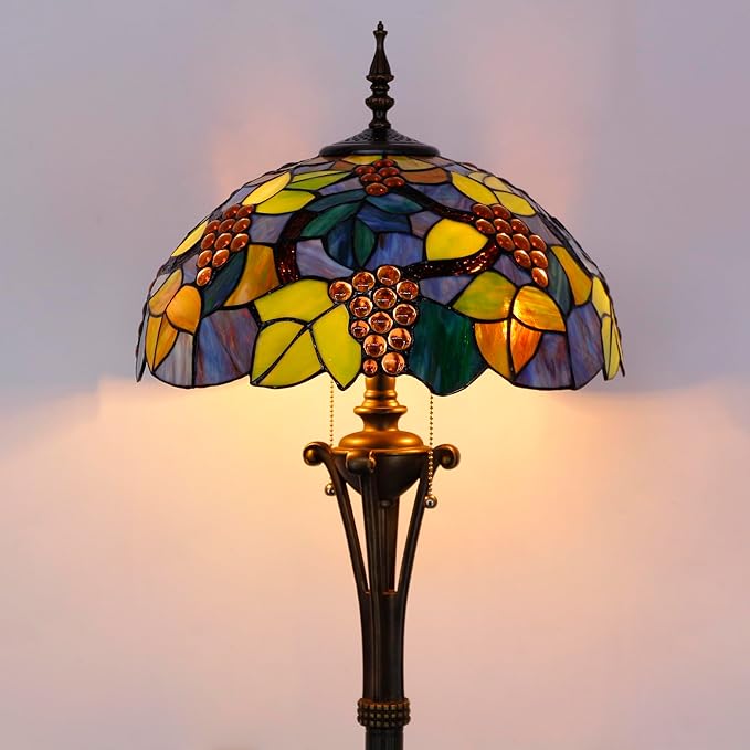 Tiffany Floor Lamp Purple Stained Glass Grape Standing Reading Light 16X16X70 Inches Antique Pole Corner Lamp Decor Bedroom Office Living Room