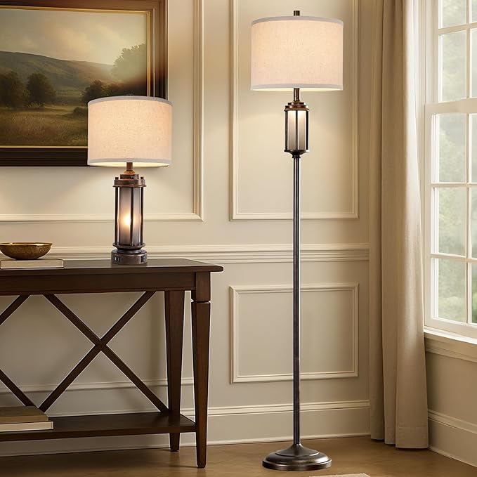 65'' Farmhouse Floor Lamp for Living Room with 2 Light Sources, Vintage Tall Standing Lamp with Frosted Acrylic Nightlight, Rustic Floor Light for Bedroom Office Corner, Bulbs Included