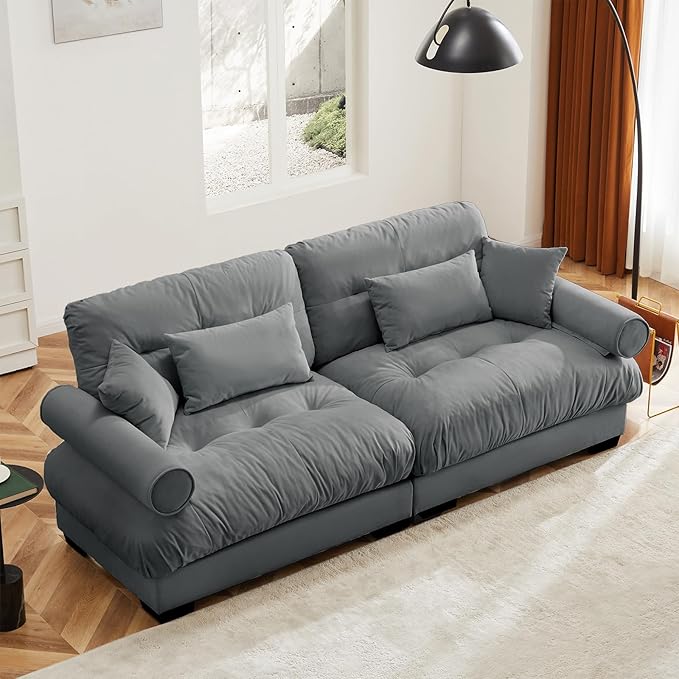 93.7” Oversized Grey Velvet Loveseat Sofa, Deep Seat 2-Seater Modular Sectional Couches for Living Room with 4 Pillows, Cloud Home Sofas Set, Love Seat Couches