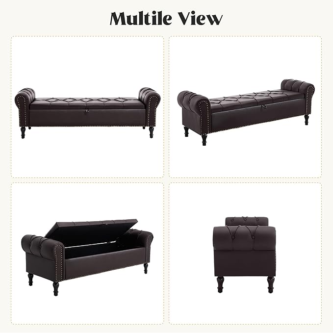 Faux Leather Storage Bench 67 Inch Upholstered Tufted Ottoman Bench with Arms Large Storage Space King Size End of Bed Bench for Bedroom Living Room Entryway Whiskey Coffee