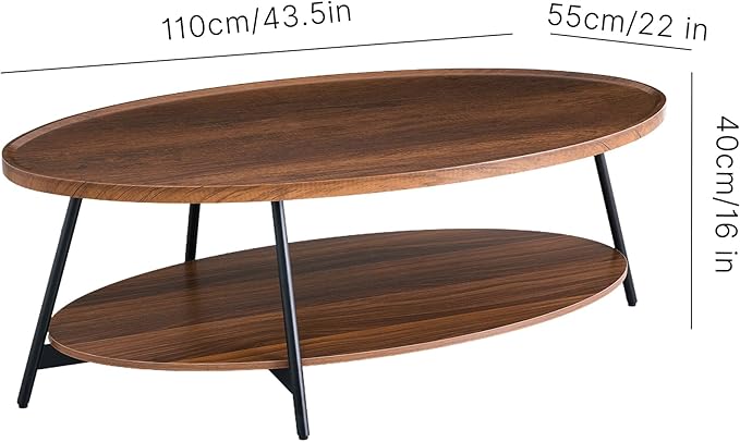 AGV Oval Coffee Table with Shelf Storage, 2-Tier Walnut Wood Finish Center Table for Living Room, Modern Asymmetrical Metal Legs, Raised Edge Sofa Table