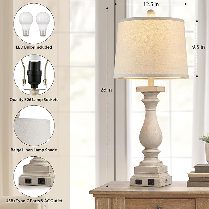 28" Tall Farmhouse Table Lamps Set of 2 with USB C+A Ports and AC Outlet, 3 Way Touch Control Rustic Bedside Lamp for Bedroom, Beige Vintage Nightstand Lamp for Living Room Office