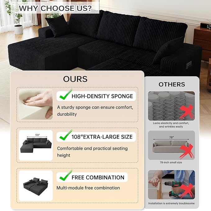 108" U Shaped Sectional Couch with Ottoman, Corduroy Modular Sectional Sofa with Deep Seat, Modern Modular L-Shape Sofa Couch with Chaise,Upholstered Boneless Couches for Living Room Bedroom