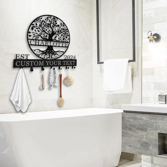 Personalized Key Holder Wall Mount - Custom Name Tree of Life Key Holder for Wall, Metal Key Rack Coat Rack for Front Door, Living Room, Kitchen, Housewarming Wedding Gift