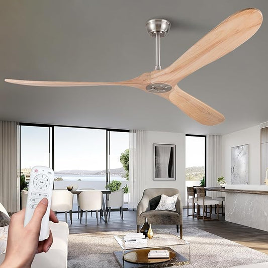 72 Inch Solid Wood Ceiling Fan with Remote,Outdoor Ceiling Fan no Light,6 Speeds,Noiseless,Reversible DC Motor,Modern Ceiling Fans without Lights for Bedroom Farmhouse Patios Study Brushed Nickel