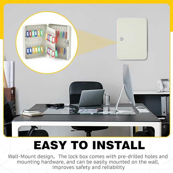 Ripeng 48-Keys Key Lock Box Wall Mount Steel Cabinet Security Holder with Tags and Hooks Key Organizer Wall Safe Storage for Car Office Hotel House Rental Business, White