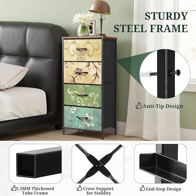 Nightstand, 4 Drawer Dresser End Table Bedside Furniture with Wooden Top Steel Frame Fabric Bins for Bedroom, Closet, Entryway, Dorm, Living Room, Floral Painted