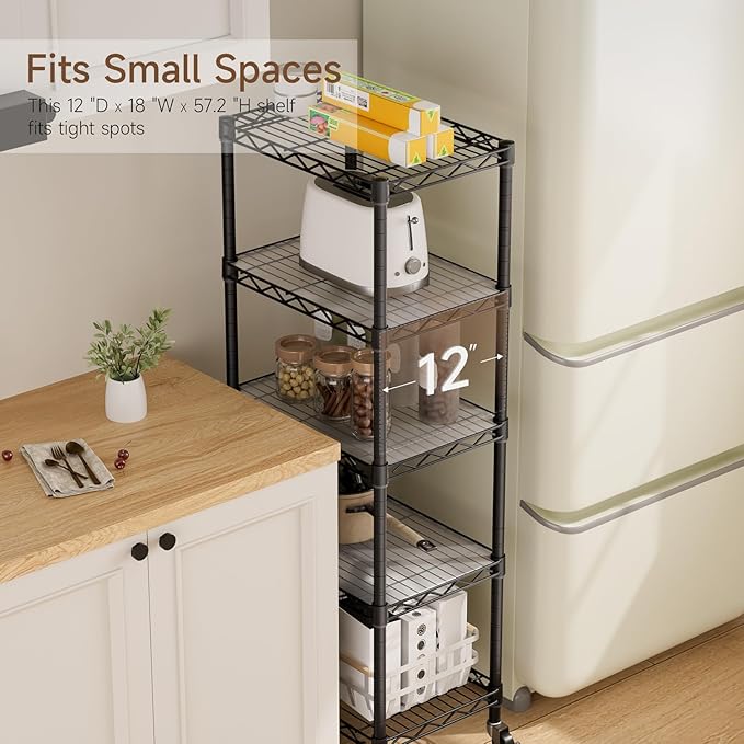 Small 5 Tier Shelves Storage Wire Shelving Unit Metal Shelf Adjustable Organizers Storage Shelving with Wheels for Bathroom Laundry Room Kitchen Pantry12”D x 18”W x 57.2”H Black
