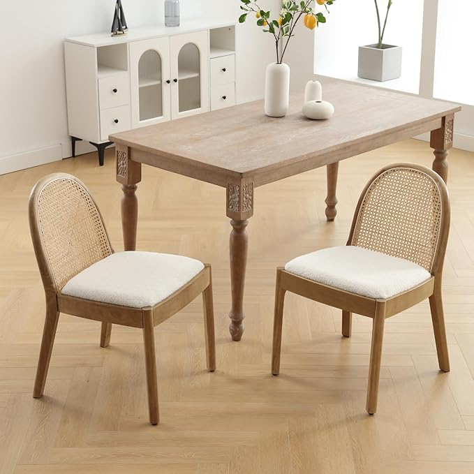 HEAH-YO Rattan Dining Chairs Set of 2, Upholstered Sherpa Dining Room Chairs with Backrests, Modern Kitchen Chairs with Wood Legs for Dining Room, White