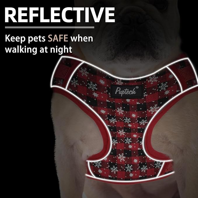 PUPTECK Small Dog Harness and Leash Set, No Pull Adjustable Puppy Cat Harness, Reflective Soft Mesh Pet Vest Small Sized, Plaid Christmas Red M