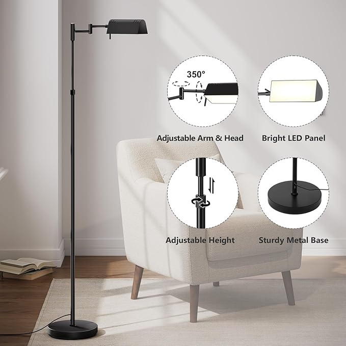 SUNMORY Dimmable LED Pharmacy Floor Lamp, 16W/1500LM Bright Reading Floor Lamp with Remote & Touch Control, 350°Swing Arm, Adjustable Task Craft Standing Lamp for Living Room Bedroom Office, Black
