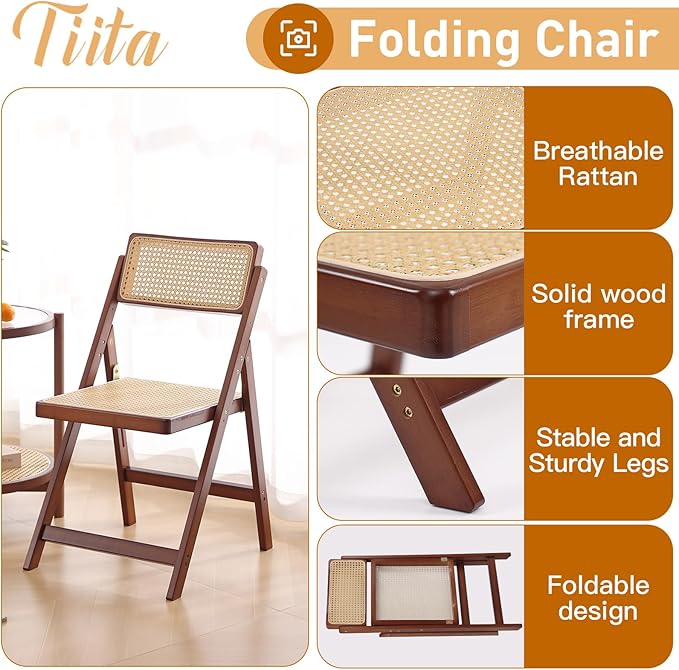 Tiita Rattan Dining Chairs Set of 1, Mid Century Modern Folding Chair, Bamboo Folding Dining Chairs for Small Space, Dining Room, Living Room, Bedroom, Walnut