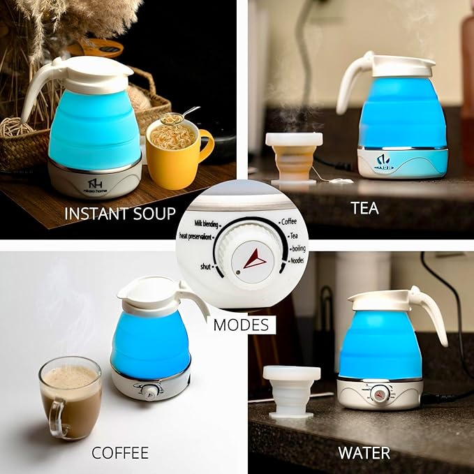 Nikao Home Foldable Electric Kettle Plus Milk Frother and Foldable Cup – Travel kettle, Portable Tea Kettle for Travel, Mini Collapsible Water Warmer, Compact Design and Quick Heating. (Aqua Blue)