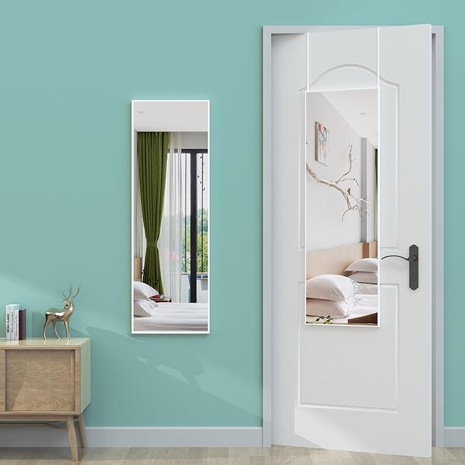 ANYHI Over The Door Mirror, 42"x14" Full Length Mirror for Wall Mirror, 2 Hooks, Aluminum Frame, for Bedromm Bathroom, White