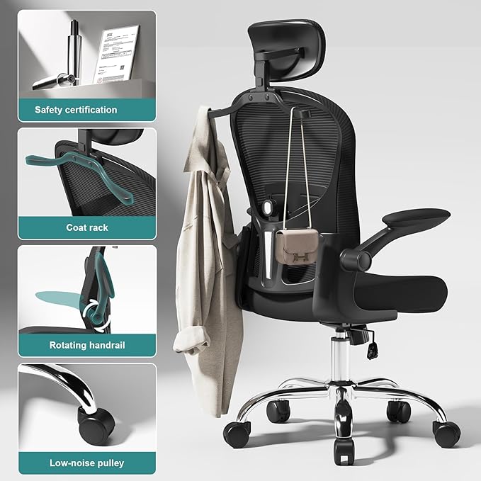 Ergonomic Office Chair High Back with Adjustable Lumbar Support, Mesh Computer Chair with Headrest and Flip-Up Arms for Executive, 90-120° Tilt Lock Swivel Rolling Task Chairs(Black)