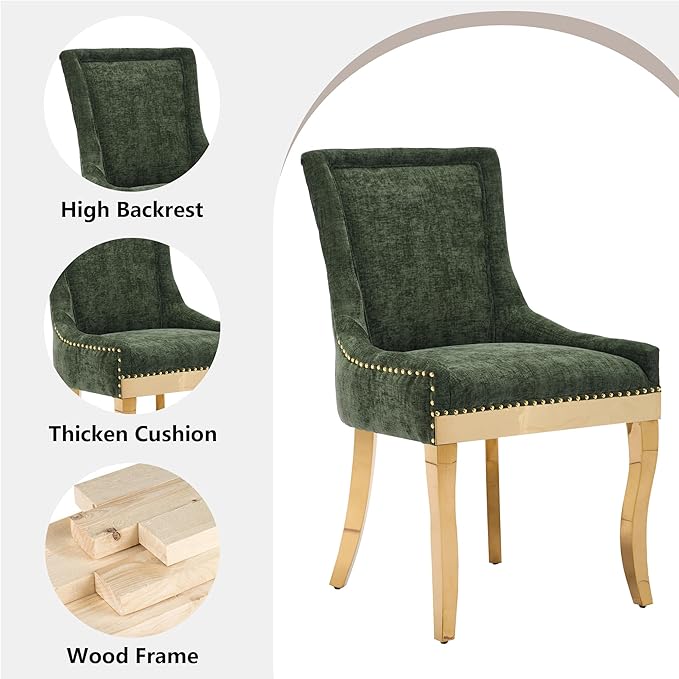 Luxury Fabirc Upholstered Dining Chairs Set of 2,Neutral Chenille Kitchen Room Chair with Nailhead Trim,Modern Padded Side Chairs for Dining Room,Living Room (Olive Green-Gold, Set of 2)