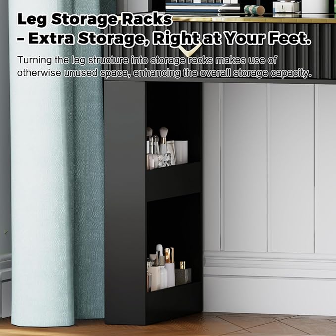 57“Makeup Vanity Desk with Mirror and Lights, Vanity Desk with 5 Drawers & Storage Shelves, Vanity Table with Power Outlet, 3 Color Modes & Adjustable Brightness Dressing Table, Bedroom,Black