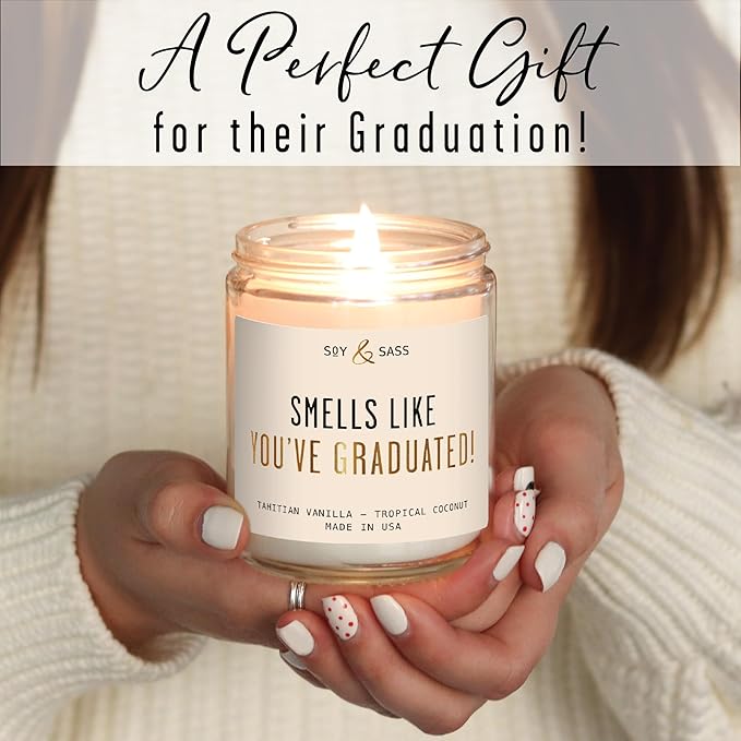 Graduation Gifts for Her "Smells like Graduation" Soy Candle, w/Vanilla & Coconut I College Graduation Gifts for Her I 2025 Graduation Gifts I 9oz Reusable Jar, 50Hr Burn, Made in USA