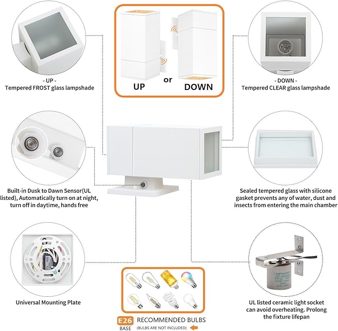 Dusk to Dawn Outdoor Wall Sconce, Exterior Light - ETL Listed, Aluminum Anti-Rust Waterproof Wall Mount Rectangular Design – Up or Down Photocell Outdoor Lighting for Porch, Garage or Patio