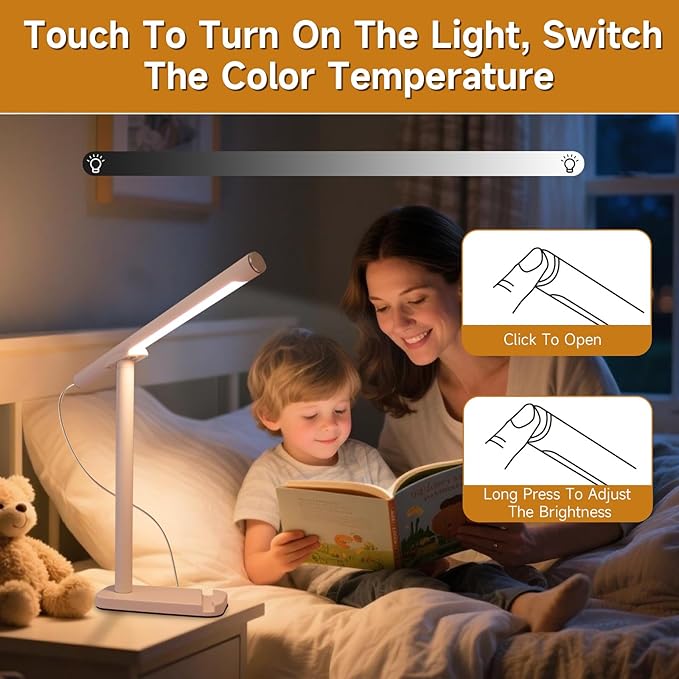 Magnetic Led Desk Lamp: 2 in 1 Reading Lamp with USB Charging Port for Home Bedroom Office Study | Dorm Desk Lamp with 3500-6500k Touch Control Dimming | 5 Brightness Levels | White