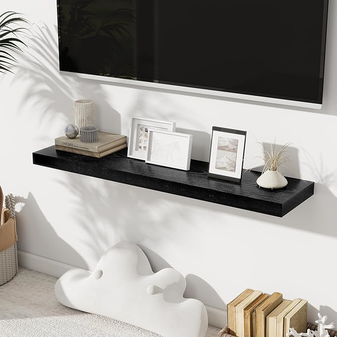 Fun Memories 40" Floating Shelves for Wall, 8 Inch Deep Floating Shelf for Books, Deep Bathroom Shelves Wall Mounted, Rustic Display Shelf for Kitchen, Bedroom, Living Room, Black Color, 2 Pack