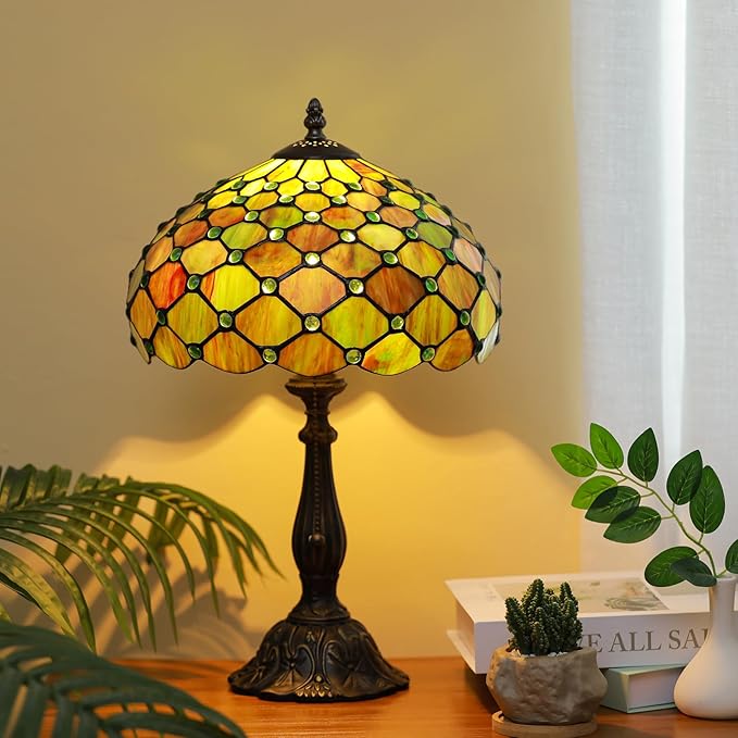 Tiffany Lamps Brownish Green Beads Style Stained Glass Table Lamp Desk Bedside Reading Light 12X12X18.5 Inches with Bronze Resin Base Applicable to Bedroom Living Room Office