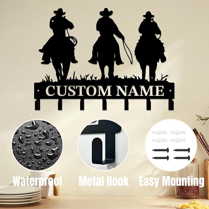 Personalized Custom Name West Cowboy Keys Hooks,Metal Cowboy Art Clothes Keys Hooks,Metal Cowboy Lover Wall Home Storage Decorative Keys Hooks,Key Holder Hooks for Wall (Style K)