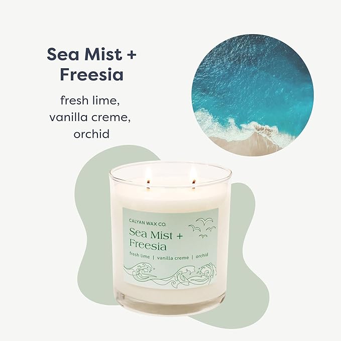 Calyan Wax Co. Sea Mist & Freesia 2 Wick Scented Candle - 37 Hour Burn - Luxury Non Toxic Soy Wax Candles - Long Lasting Large Glass Jar Candle for Home - 8.8oz