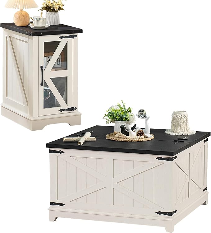 Farmhouse Coffee Table Sets 3 Pieces, Narrow Night Stand with Glass Barn Door Storage, Large Coffee Tables with Hidden Storage Organizer, Wood Furniture Sets for Living Room, Office, White