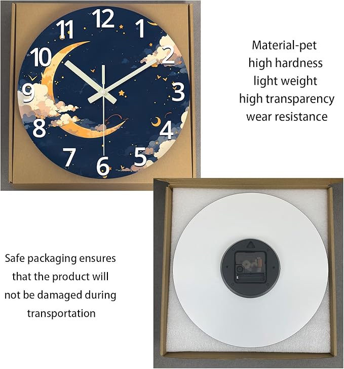 14 Inch Moon Clock for Kids Bedroom Small Glow in The Dark Wall Clock Battery Operated Analog Silent Wall Clock Non Ticking