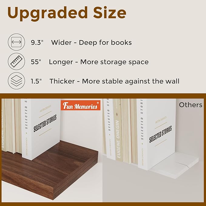 Fun Memories 55 Inch Floating Shelves for Wall, 55x9.3 Large Floating Shelf for Bedroom, Kitchen, Bathroom, Wall Mounted Rustic Wood Shelves with Invisible Bracket for Books, Decor, Walnut