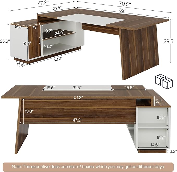 Tribesigns L-Shaped Executive Office Desk, 70.5-Inch Mid-Century Modern Executive Desk with Storage Cabinet and Shelves, Large Computer Desk for Home Office, Brown + White