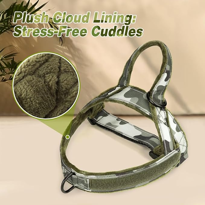 Forestpaw No Pull Dog Harness with Flannel Lining, Reflective Escape Proof Vest for Large Dogs, Quick Release Comfortable for Walking Training (Includes Patches),Green Camo L