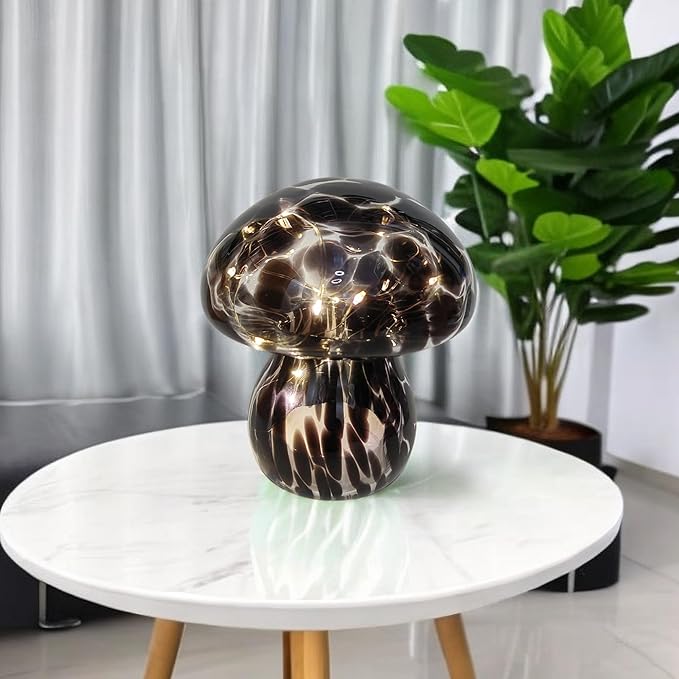 Mushroom Table Lamps Night Lights Cute Glass Nightstand Bedside Desk Lamps for Bedroom Living Study(Bulb Included) - Black