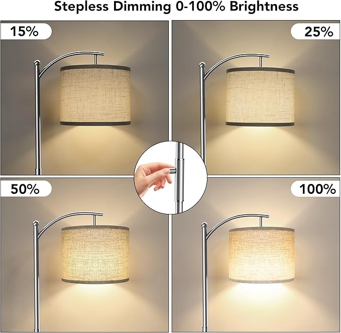 Dimmable Floor Lamp, Arc Floor Lamps for Living Room, Stepless Dimming Modern Standing Lamp with Linen Shade, Tall Lamp for Bedroom Office Dining Room- Silver