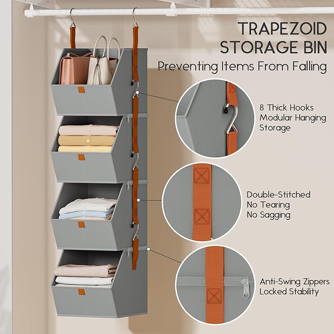Hanging Closet Organizer 4 Tier - Clothes Hanging Shelves, Space-Saving Closet System, Fabric Storage Bins Bedroom Organization, Collapsible Baskets for Home, Dorm, Rv, Grey