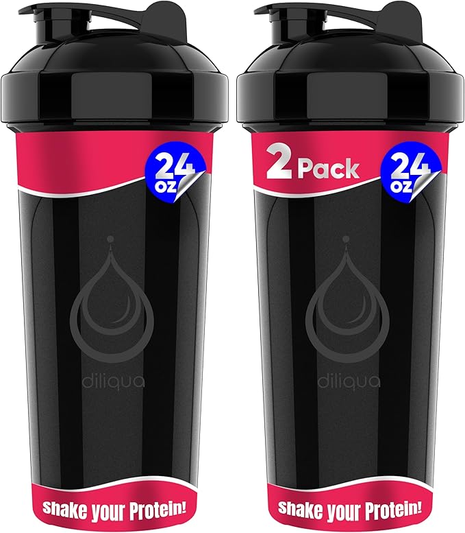 2 PACK, Double 24 oz Shaker Bottles with Powerful Wire Whisks for Protein Mixes | Leakproof Blender Shaker Bottles (Black)| BPA-Free & Dishwasher Safe | Shaker Cup for Protein Shakes