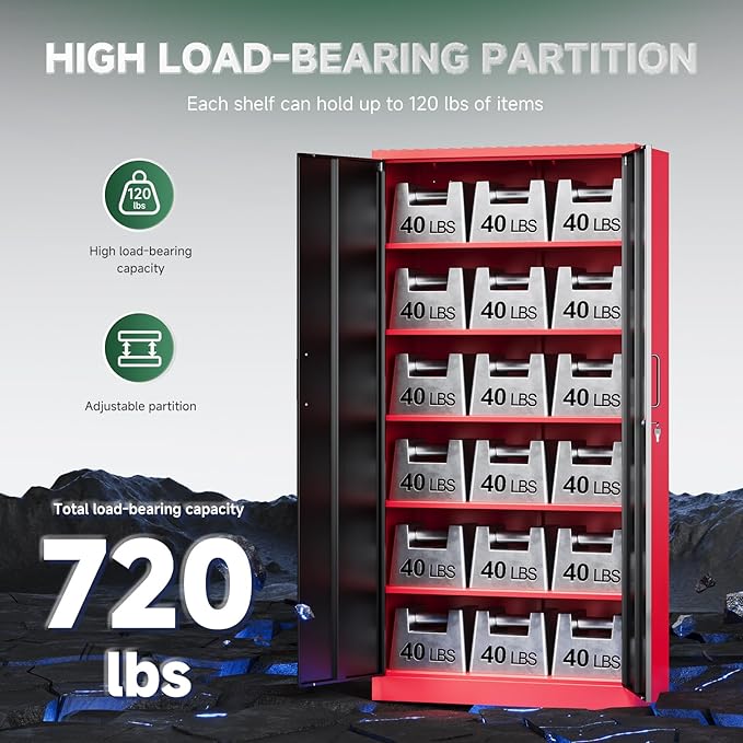 Letaya Metal Garage Storage Cabinets with Lock, 71" Tall Locker Organizer Steel Tool Cabinets,5 Adjustable Shelves 2 Doors for Home Office, Warehouse,Garage,Industrial,Employee (Black Red)