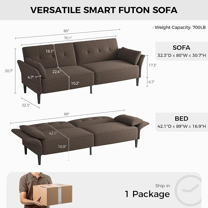 89” Futon Sofa Bed,Comfy Futon Couch Bed with 2 Square Pillows,Convertible Sleeper Sofa with Adjustable Backrest& Armrests, Modern Loveseat Sleeper for Living Room, Bedroom, Linen Brown