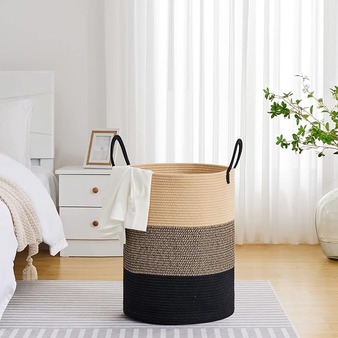 VIPOSCO Large Laundry Hamper, Tall Woven Rope Storage Basket for Blanket, Toys, Dirty Clothes in Living Room, Bathroom, Bedroom - 100L Brown & Black