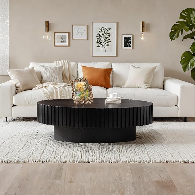 Oval Coffee Table for Living Room, 43.3'' Modern Handcraft Drum Coffee Table Unique Fluted Coffee Tables Wood Center Table End Table for Small Space, Farmhouse Apartment Office (Oval Black)