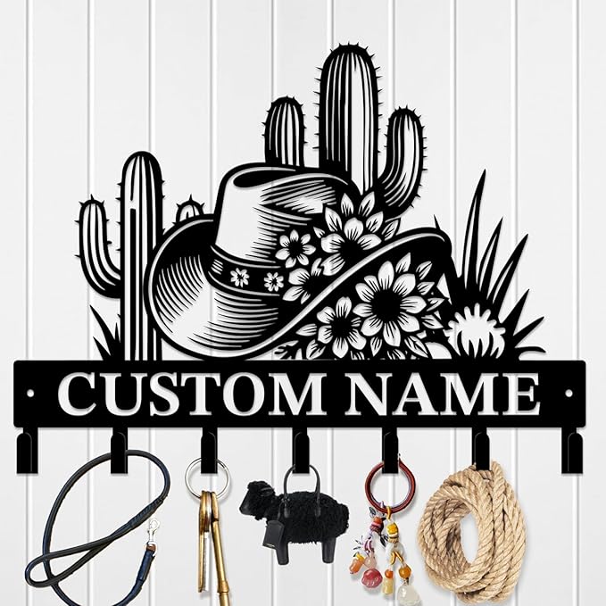 Custom Western Cowboy Metal Iron Key Hooks,Personalized Name & Text Engraving,Decor Wall Keys Holder for Home Entryway (Style A)