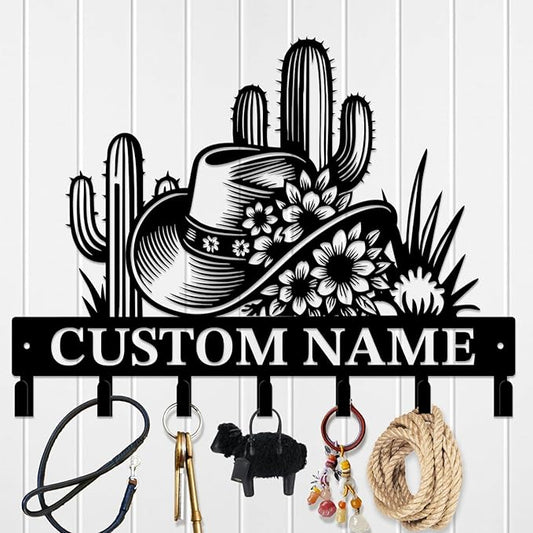 Custom Western Cowboy Metal Iron Key Hooks,Personalized Name & Text Engraving,Decor Wall Keys Holder for Home Entryway (Style A)