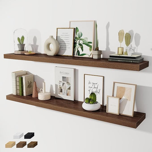 Fun Memories 55 Inch Long Floating Shelves for Wall, 8" Deep Floating Shelves for Bathroom Living Room Bedroom, Rustic Wall Mounted Shelf with Invisible Heavy-Duty Bracket, Set of 2, Walnut