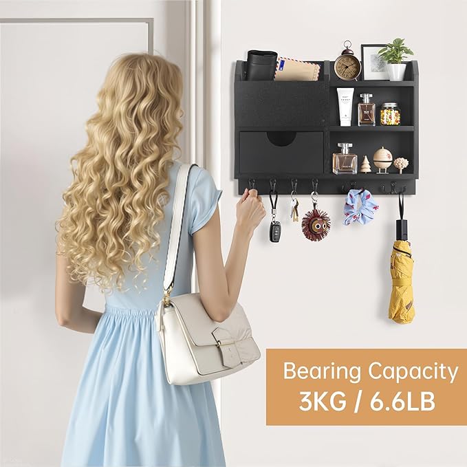 Key Holder Wall Mount, 14.5x11.2x3.5'' Larger 3-Tier Shelf 8 Hooks Drawer Storage,Wooden Key and Mail Holder for Wall,Farmhouse,Home,Living Room,House,Office Decor,Hats,Bag,Dog Leash Hanger Organizer