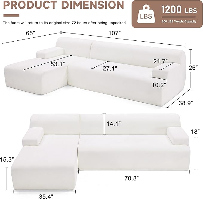 107" Modular Sectional Sofa, Boneless Couch Sponge Sectional Sofa for Living Room, High Density Sponges Cloud Couch,Modular L-Shape with Chaise, White
